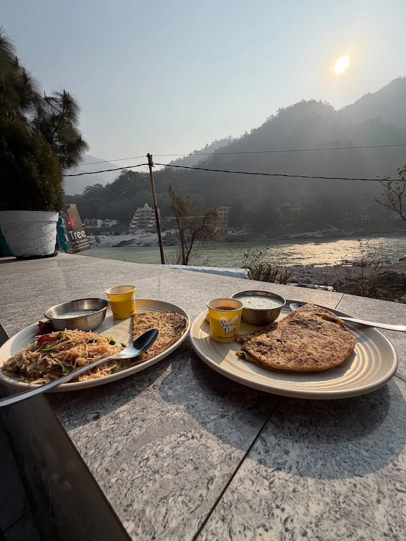 Morning breakfast on the sunlit terrace by the glistening waters of the Ganga